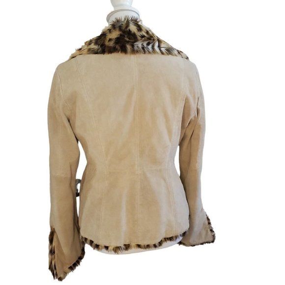 90s Y2K Suede Leather Jacket Faux Fur Leopard Collar Beige Penny Lane Sz Small - Picture 4 of 11